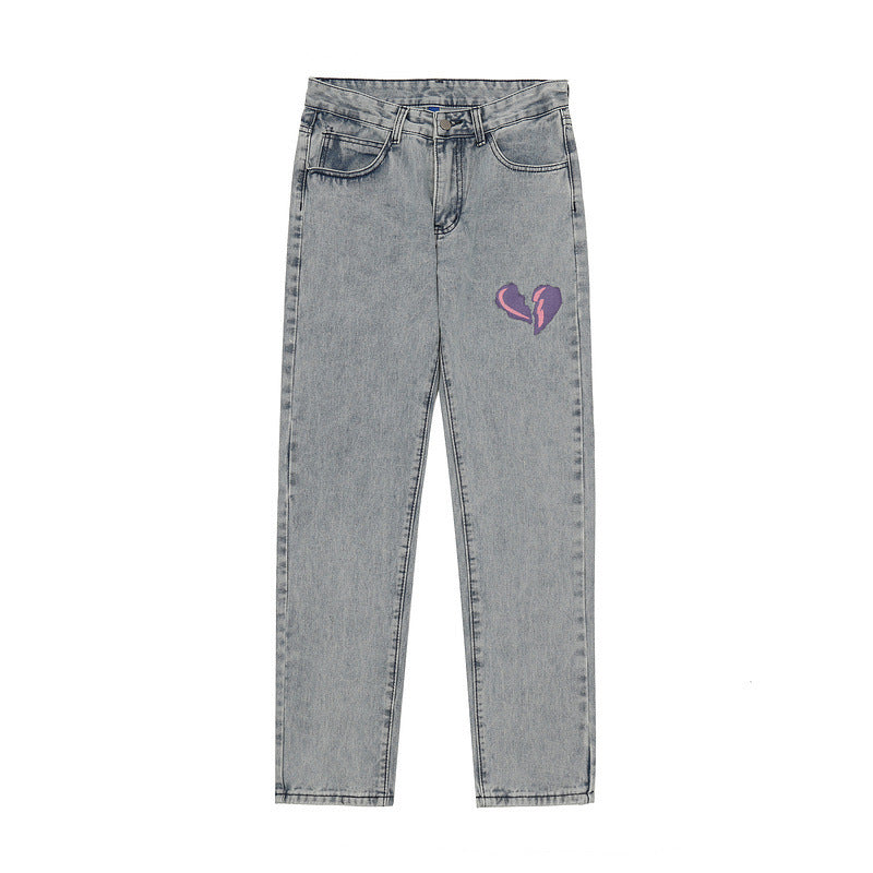 Torn Love Printed Jeans Washed Distressed Straight Pants