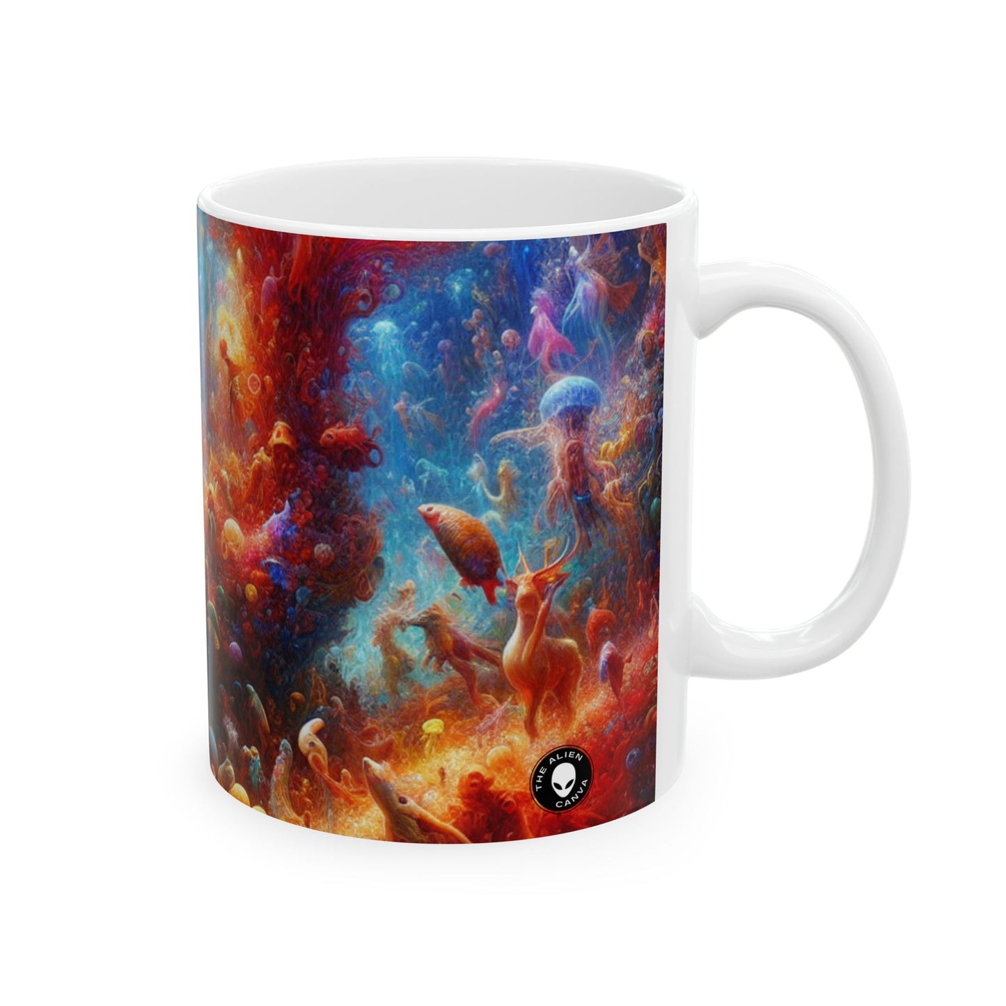 "Fiesta de baile de coral brillante": taza de cerámica alienígena de 11 oz