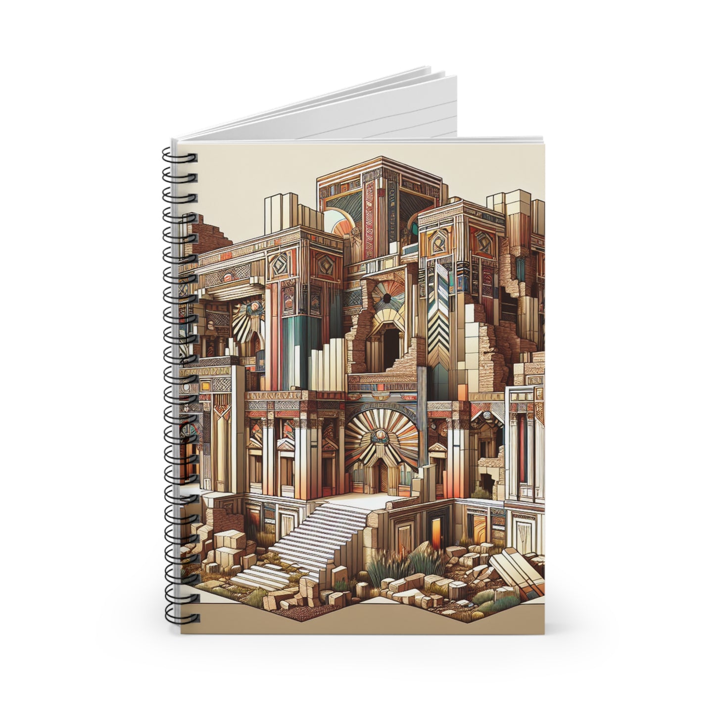 "Ruinas Deco: Arte geométrico en un entorno antiguo" - Cuaderno de espiral The Alien (línea rayada) Estilo Art Deco