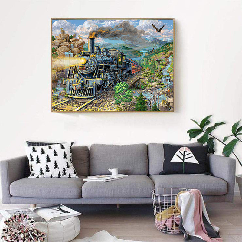 Pintura de diamante con tema de bosque y tren bordado 5D