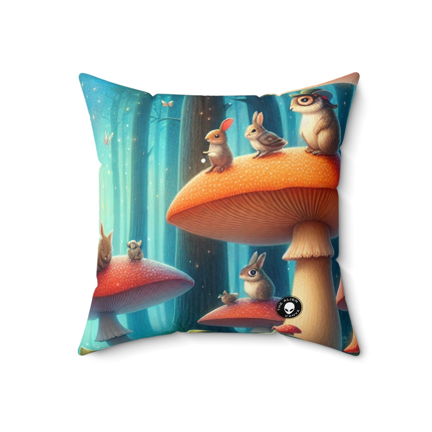 "Mushroom Wonderland: A Magical Tea Party" - Almohada cuadrada de poliéster hilado de Alien