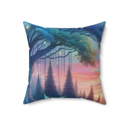 "Atardecer encantado: una pintura de un bosque mágico" - Almohada cuadrada de poliéster hilado de The Alien