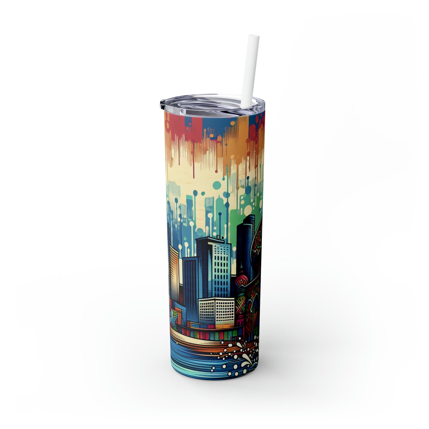 "Bright City: A Pop of Color on the Skyline" - The Alien Maars® Skinny Tumbler with Straw 20oz Street Art / Graffiti Style