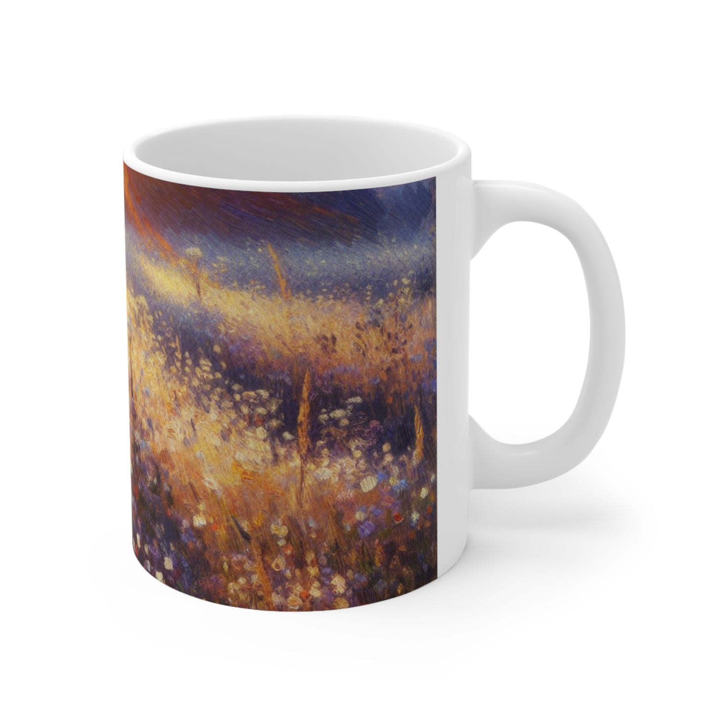 "Wildflower Sunrise" - Taza de cerámica alienígena estilo impresionista de 11 oz