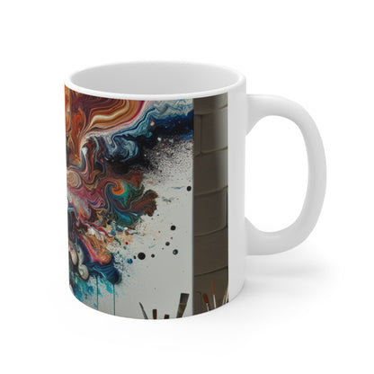 "Un paraíso de pintura vertida: arte de vertido de acrílico" - Taza de cerámica The Alien, estilo de vertido de acrílico de 11 oz