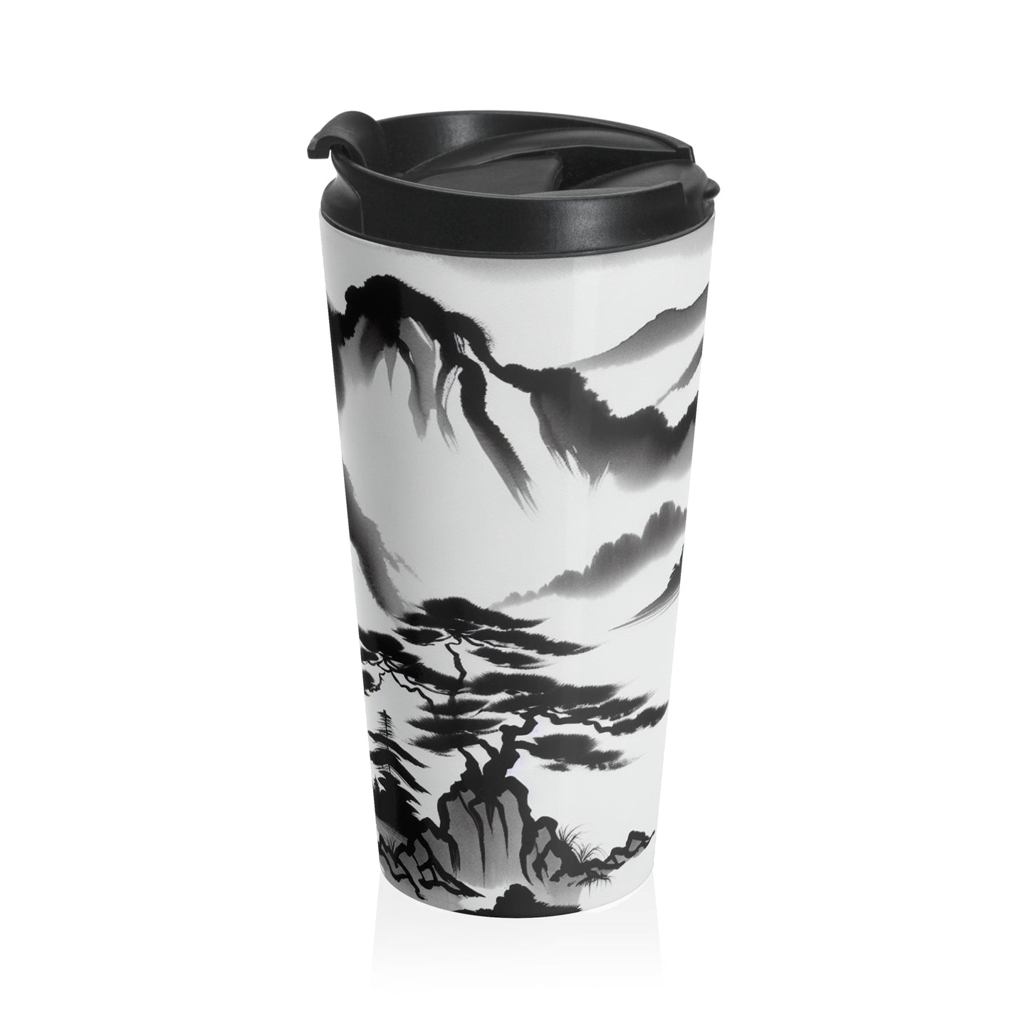 "Reflet de montagne : une peinture à l'encre zen sereine" - La tasse de voyage en acier inoxydable Alien Peinture à l'encre Zen