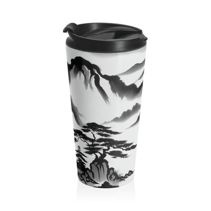 "Reflejo de la montaña: una serena pintura con tinta zen" - La taza de viaje de acero inoxidable alienígena Pintura con tinta zen