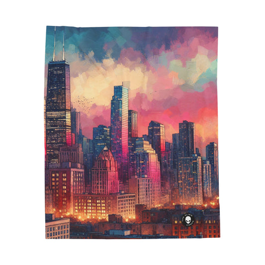 "Dusky Reflections: City Skyline at Sunset" - The Alien Velveteen Plush Blanket