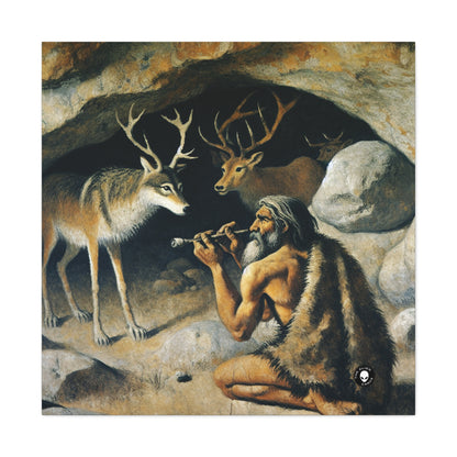 "Chasseur et loup : à la poursuite d'une proie." - La peinture rupestre Alien Canva