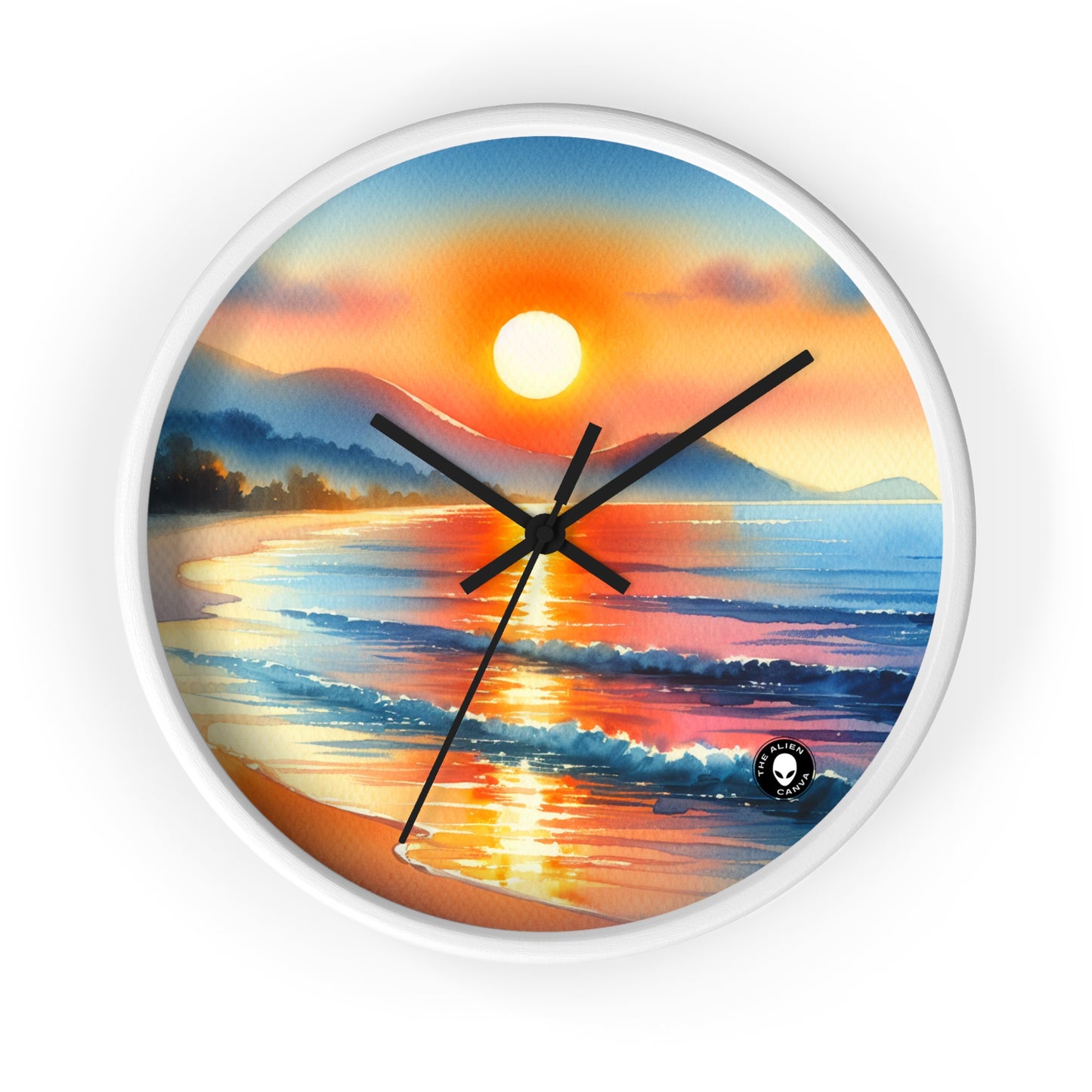 "Lever de soleil sur la plage" - La peinture à l'aquarelle de l'horloge murale extraterrestre