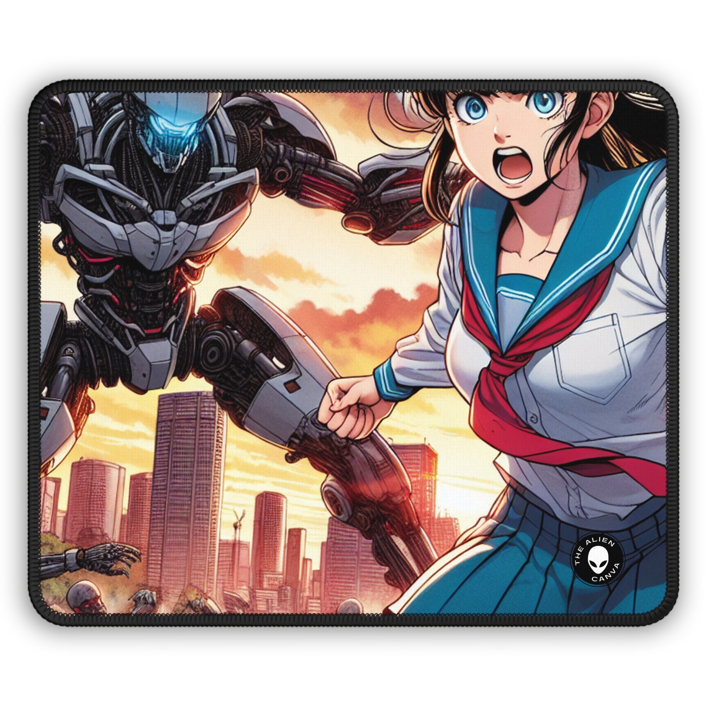 "Girl in Uniform Saves City from Invaders." - The Alien Gaming Mouse Pad Manga/Anime Art