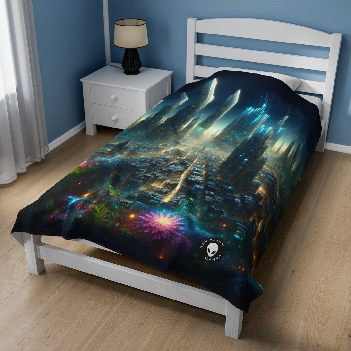 "Neon Oasis: A Futuristic Urban Wonderland" - The Alien Velveteen Plush Blanket