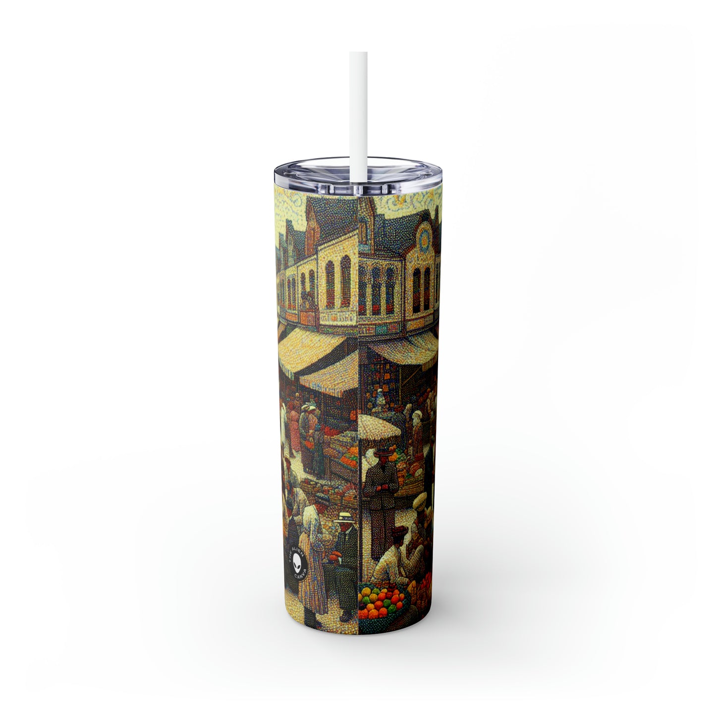 "Dots of Paradise : Capturer un paysage de plage ensoleillé avec le pointillisme" - The Alien Maars® Skinny Tumbler with Straw 20oz Pointillism