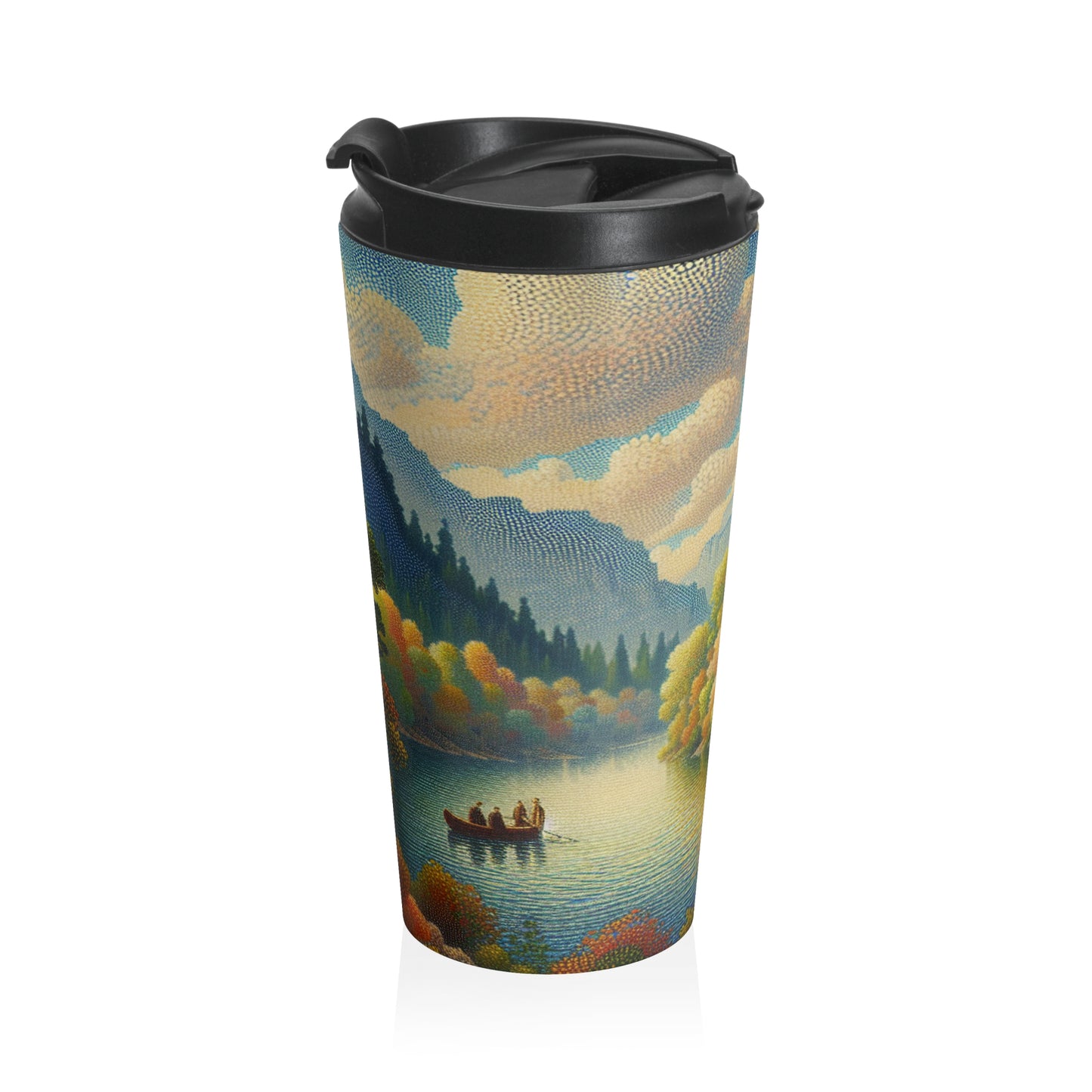 "Serenity in Dots: A Pointillism Sunset at the Beach" - The Alien Stainless Steel Travel Mug Pointillism