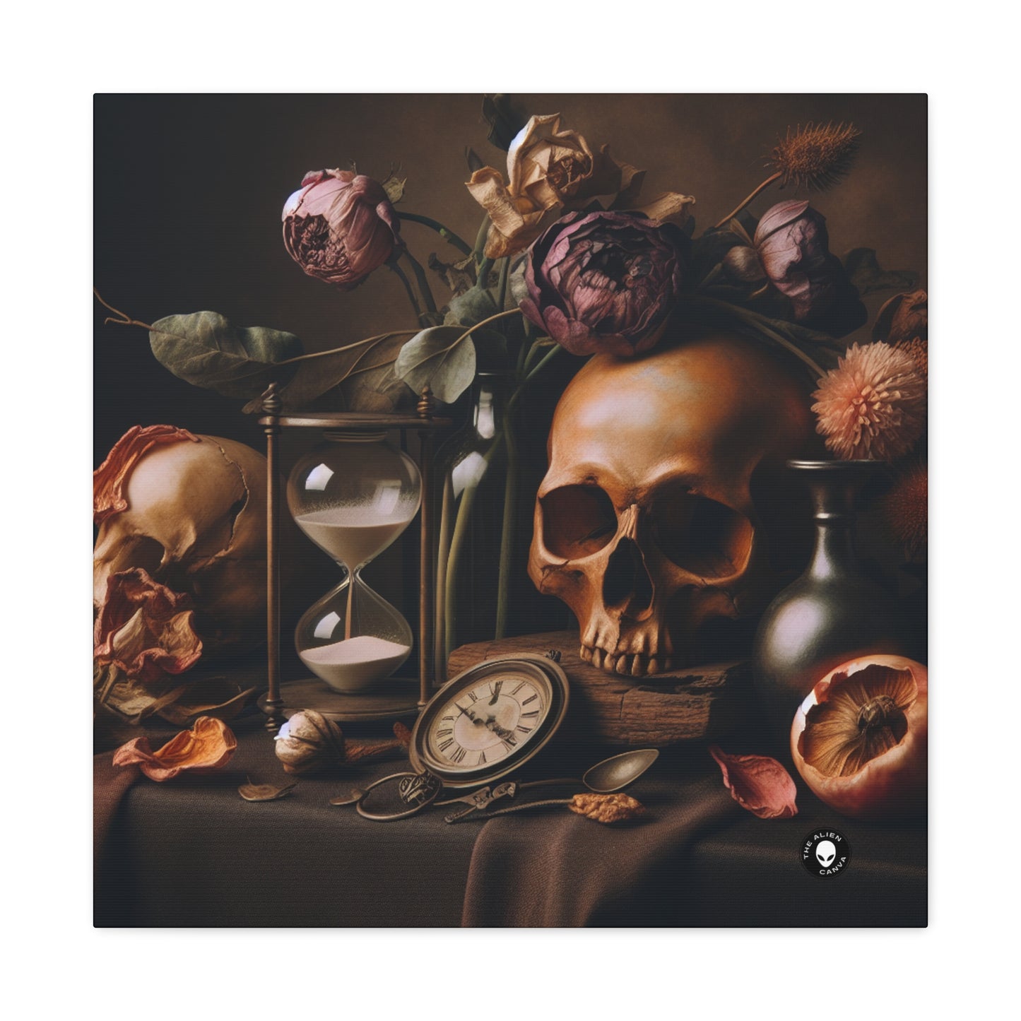 "Belleza fugaz: una vibrante pintura de Vanitas que representa el paso del tiempo y la naturaleza transitoria de la vida" - The Alien Canva Vanitas Painting