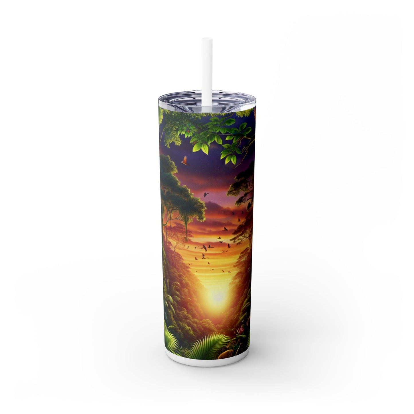 "Atardecer en la jungla: un encuentro salvaje" - Vaso delgado con pajita Alien Maars® de 20 oz