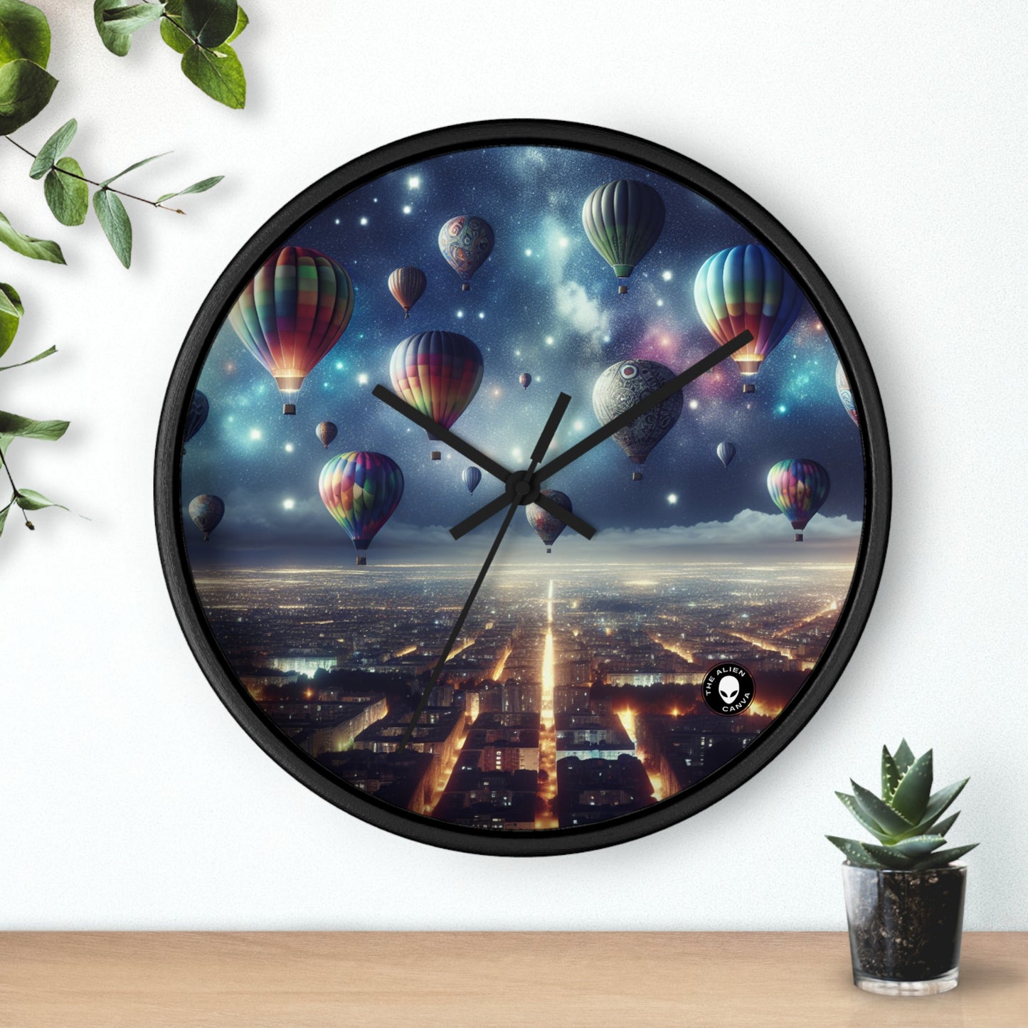 "Viaje nocturno estrellado: globos aerostáticos sobre la ciudad" - El reloj de pared extraterrestre