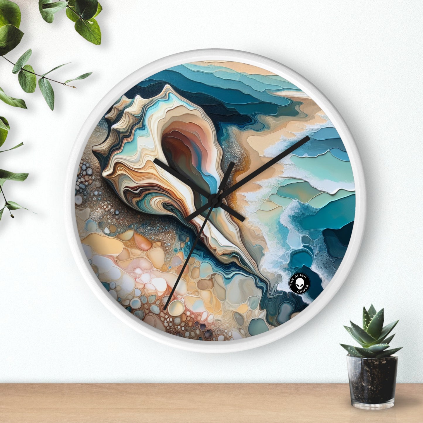 "Une vue sur la plage à travers un coquillage" - The Alien Wall Clock Acrylique Pouring