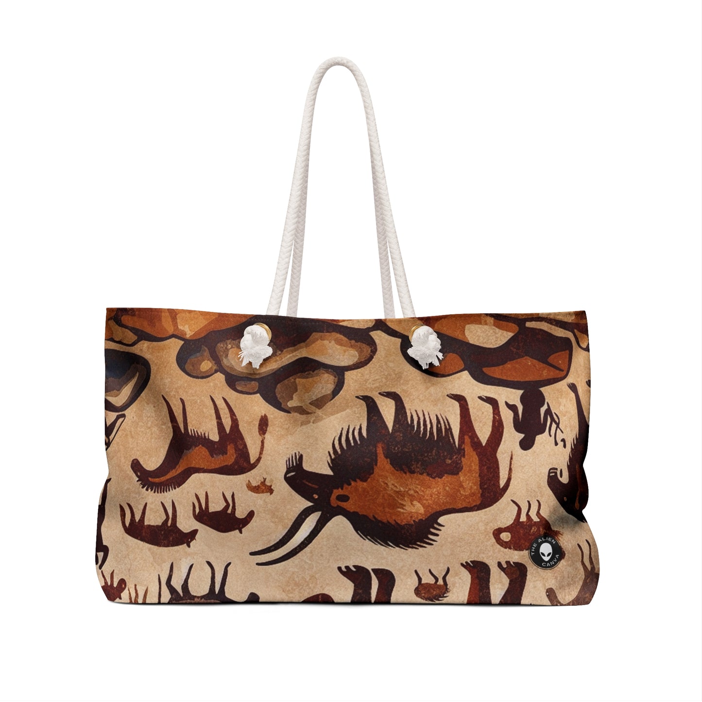 Title: "Ancient Encounter: The Battle of Giants" - The Alien Weekender Bag Cave Painting