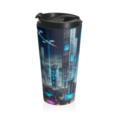 "Future Cityscape: A Skyline of Flying Cars and Neon Lights" - The Alien Stainless Steel Travel Mug