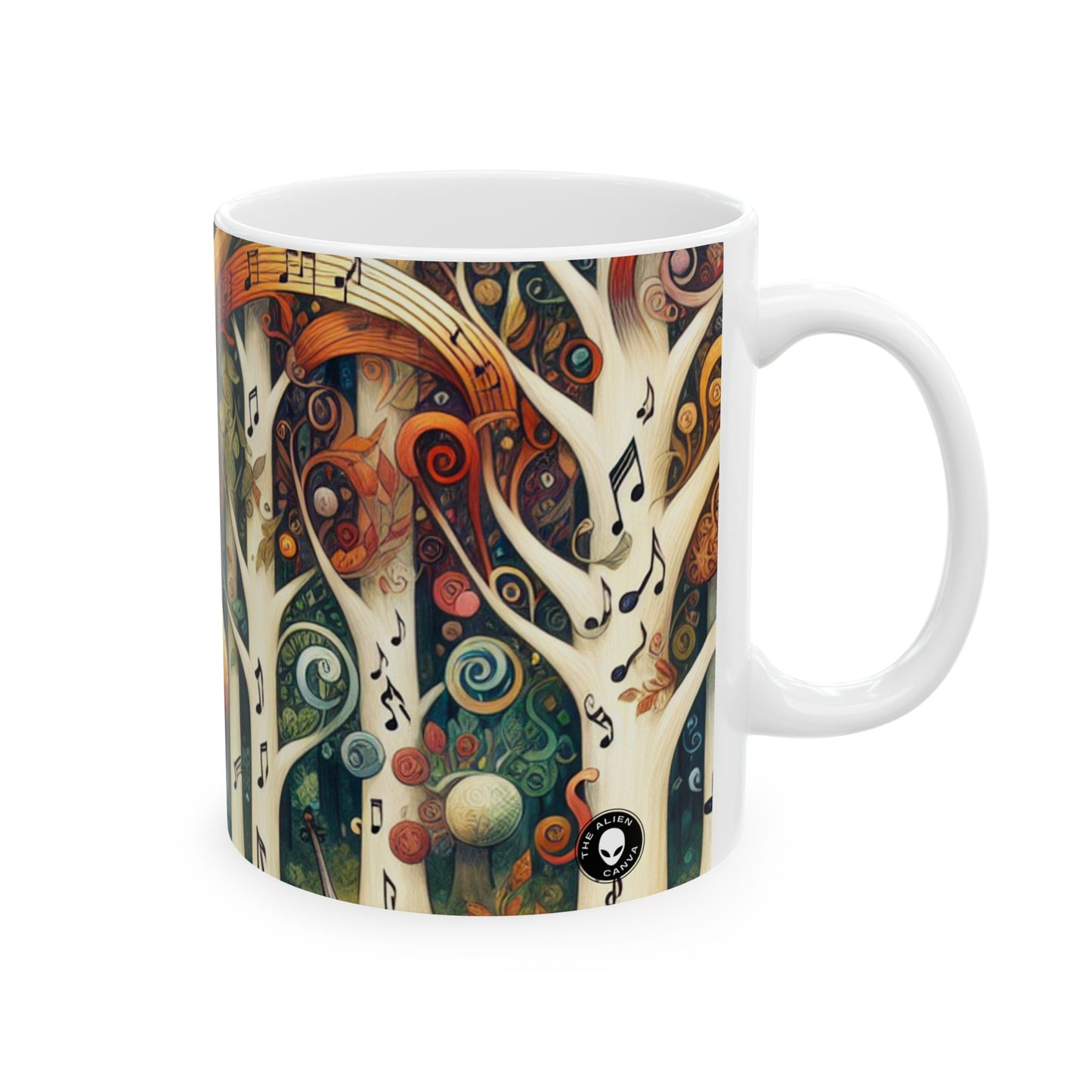 "Encantamiento melódico: El bosque instrumental" - Taza de cerámica alienígena de 11 oz