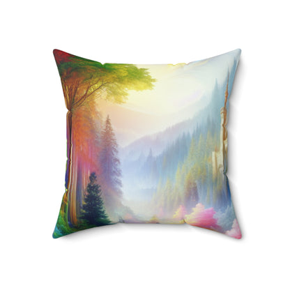 "Glowing Enchantment: The Castle in the Colorful Forest"- The Alien Spun Polyester Square Pillow