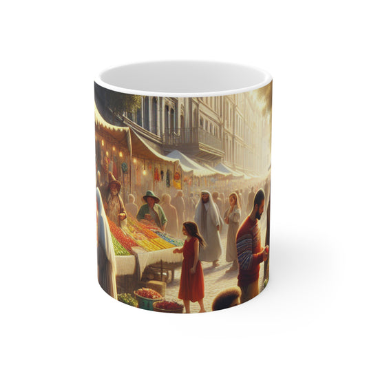 "Sunny Vibes at the Outdoor Market" - The Alien Ceramic Mug 11oz Realism Style