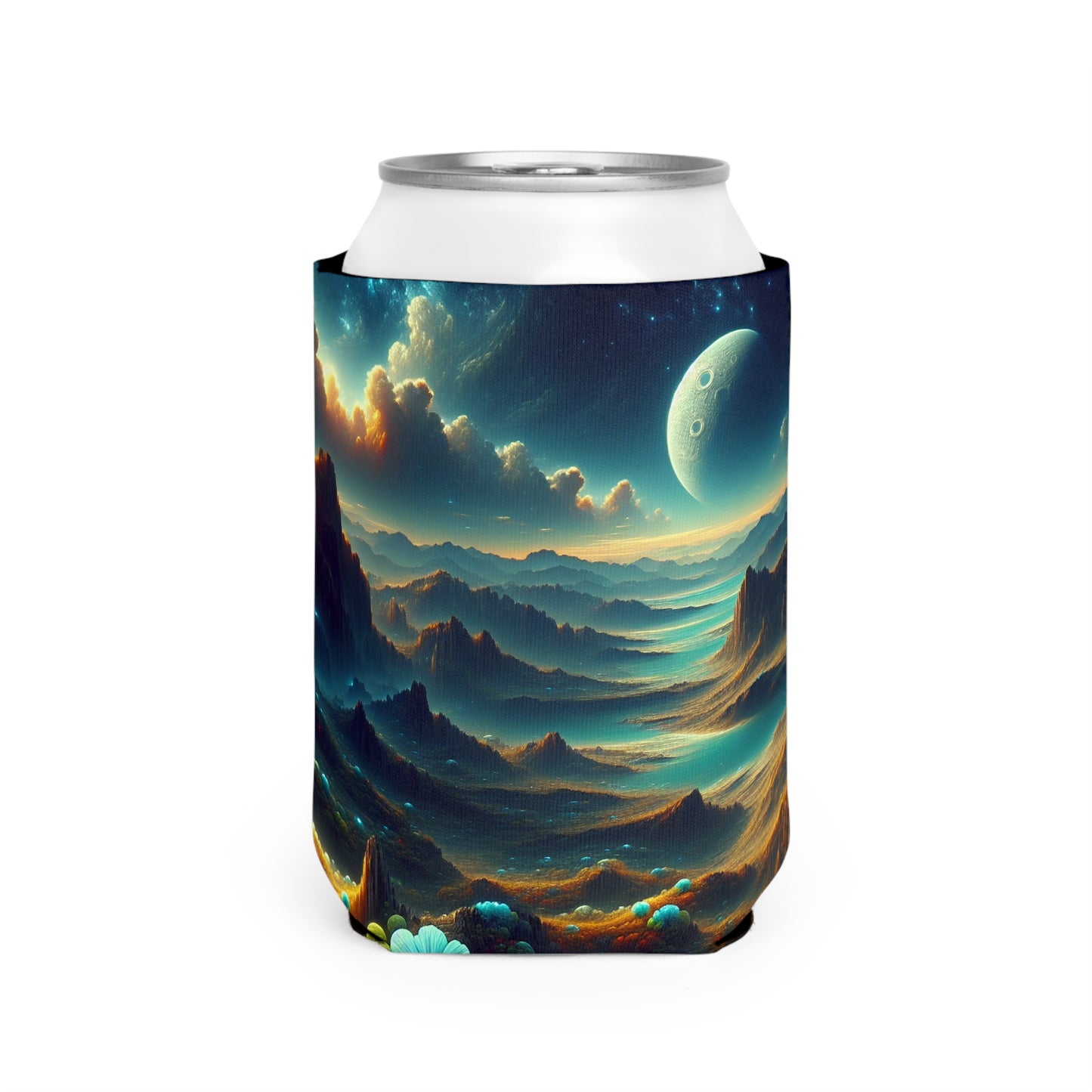 "Un Sueño Extraño: Un Mundo Desconocido en Detalle" - The Alien Can Cooler Sleeve planetas no descubiertos en estilo hyperrealista