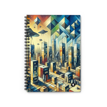 "Cubism in a Futuristic, Alien-Invaded City". - The Alien Spiral Notebook (Ruled Line) A futristic city invaded by aliens in cubism art style