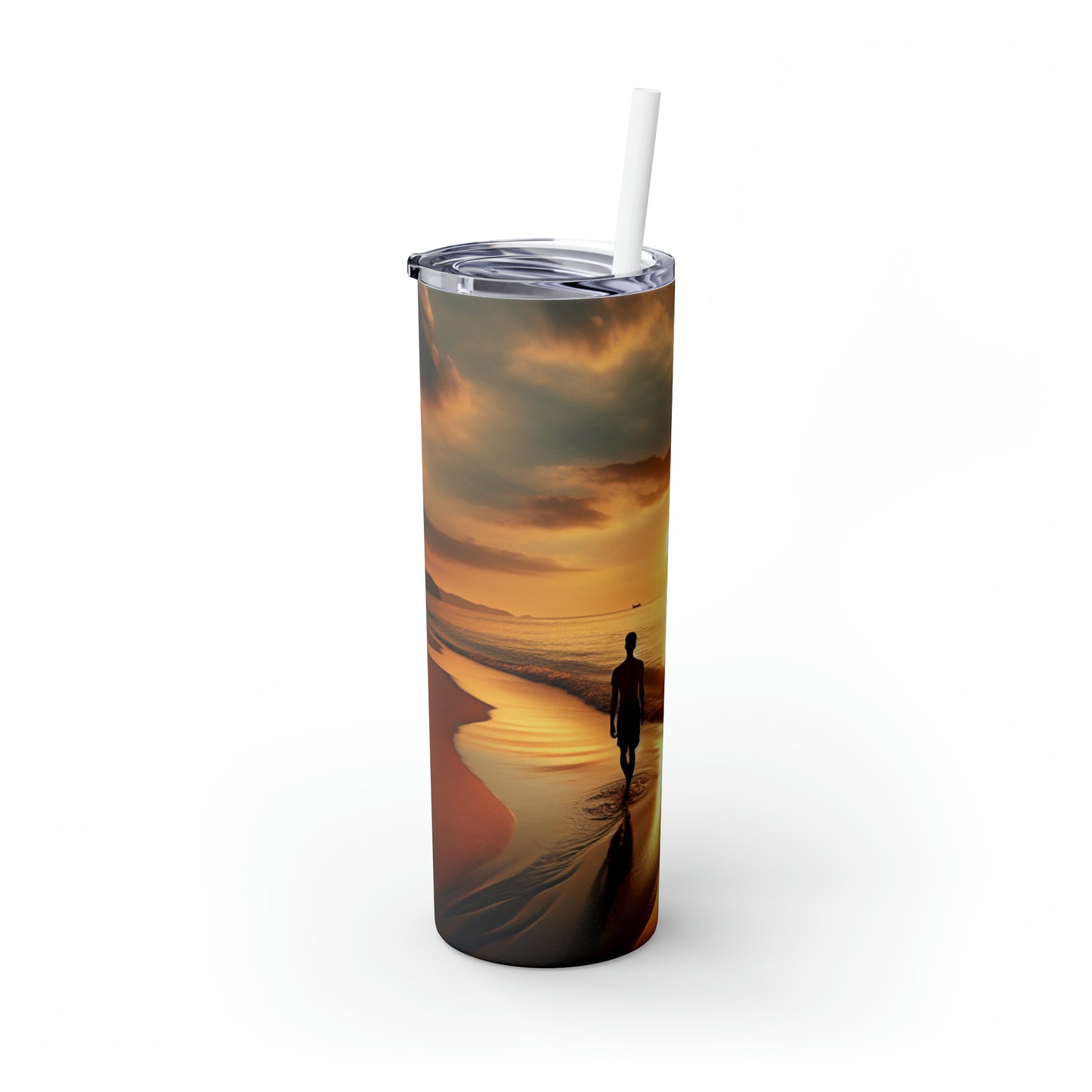 "A Stroll Along the Beach at Sunset" - The Alien Maars® Skinny Tumbler with Straw 20oz Photorealism Style