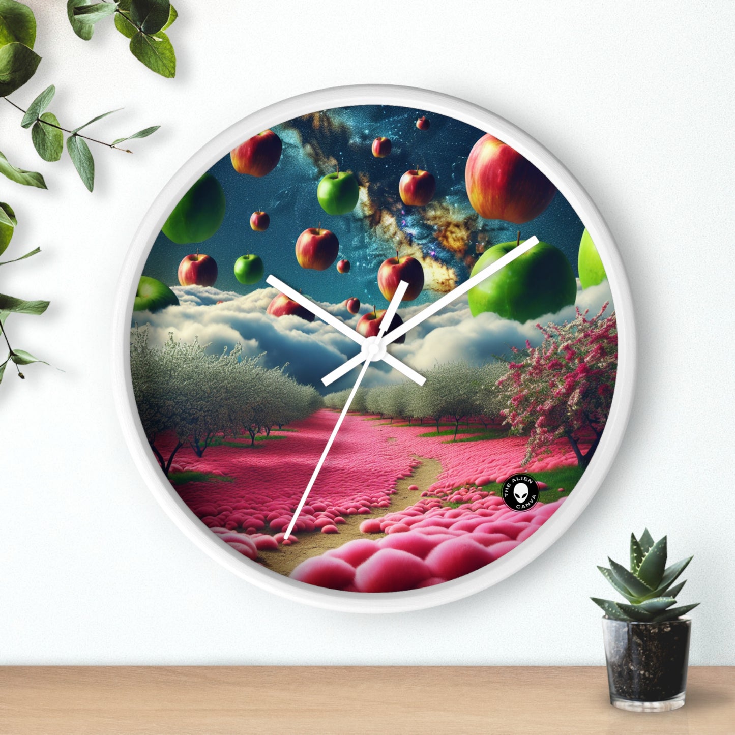 "Apple Sky and Pink Flower Carpet: A Surreal Landscape" - The Alien Wall Clock