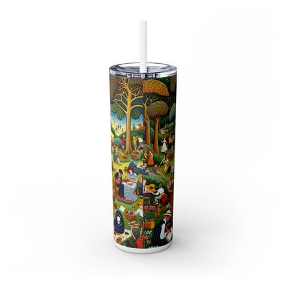 "Whimsical Village Delights" - Vaso delgado con pajita de Alien Maars®, 20 oz, arte naïve