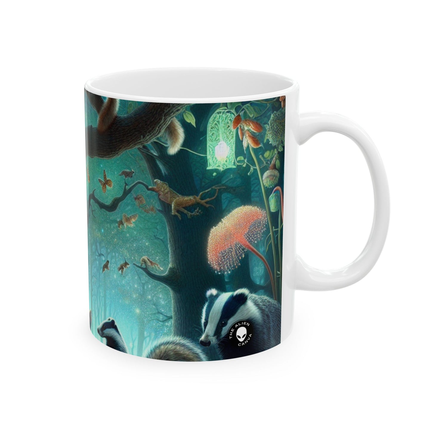 "Animales místicos: criaturas retozando en un bosque encantado" - Taza de cerámica The Alien de 11 oz