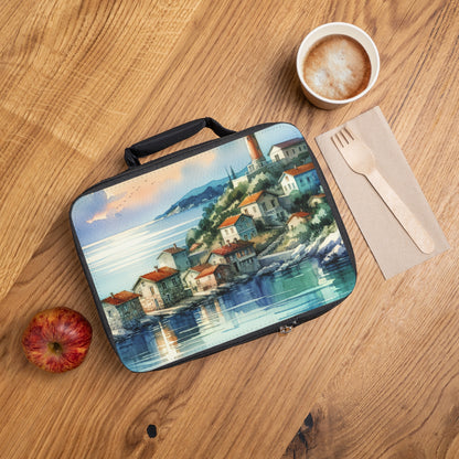 "Glimpse of a Seaside Haven" - Bolsa de almuerzo alienígena estilo pintura de acuarela