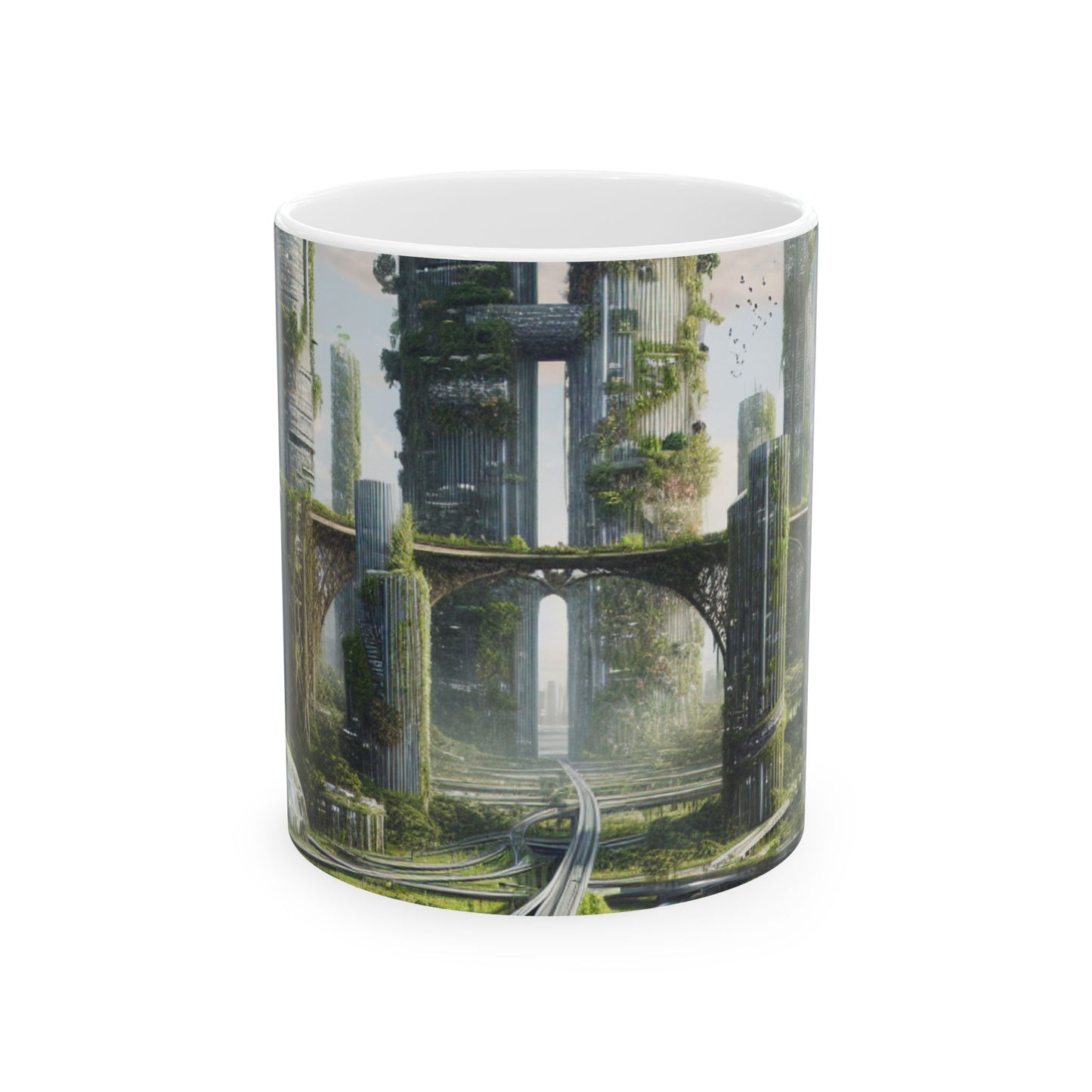 "Nature's Reclamation: A Futuristic Cityscape" - The Alien Ceramic Mug 11oz