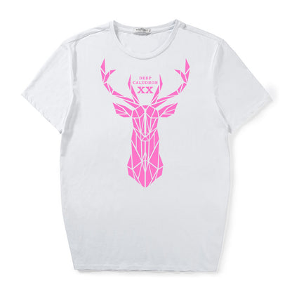 Loose And Fat Men's Pink Deer Head Printed Short Sleeve T-shirt