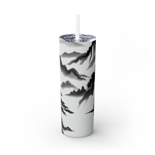 "Mountain Reflection: A Serene Zen Ink Painting" - The Alien Maars® Skinny Tumbler with Straw 20oz Zen Ink Painting