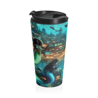 "Profundidades relucientes: la ciudad submarina encantada" - Taza de viaje de acero inoxidable de Alien