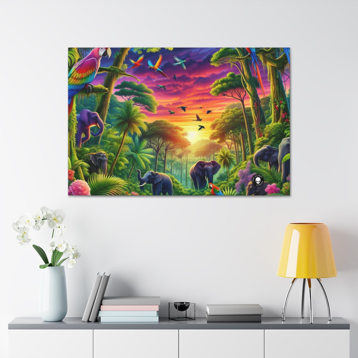 « Coucher de soleil dans la nature : une aventure dans la jungle arc-en-ciel » - The Alien Canva