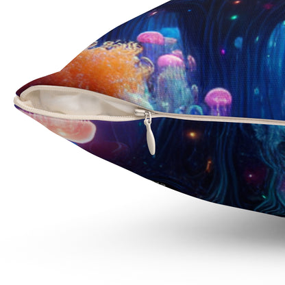 "Neon Jellyfish Fantasia: A Surreal Underwater Odyssey"- The Alien Spun Polyester Square Pillow