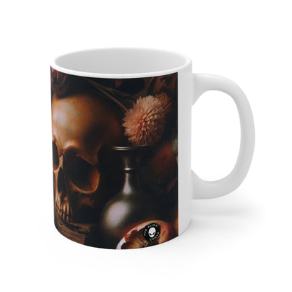 "Beauté éphémère : une peinture de Vanitas vibrante illustrant le passage du temps et la nature éphémère de la vie" - La tasse en céramique extraterrestre 11oz Peinture de Vanitas