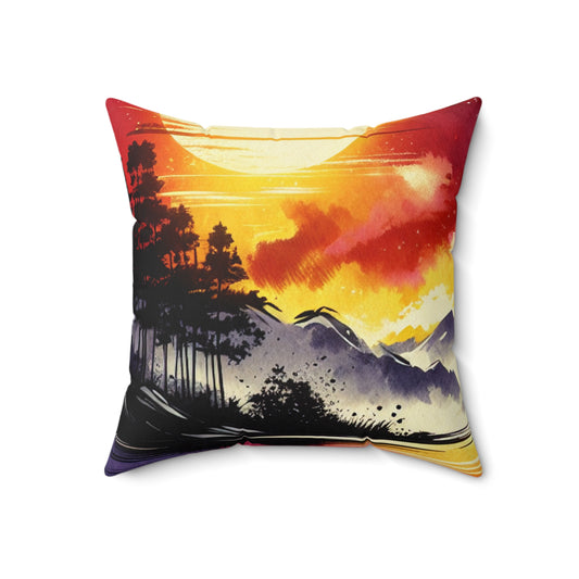 "A Pastel Sunset Symphony" - The Alien Spun Polyester Square Pillow Ink Wash Painting