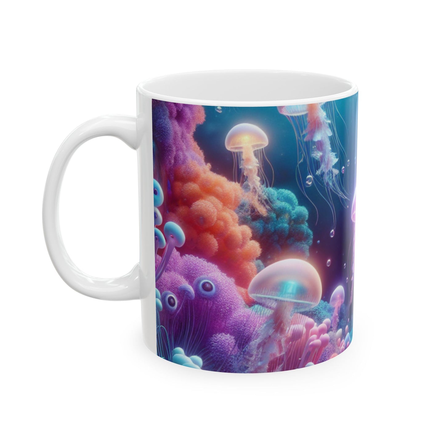 Enchanting Underwater Realm: Glowing Jellyfish and Curious Octopus - The Alien Ceramic Mug 11oz