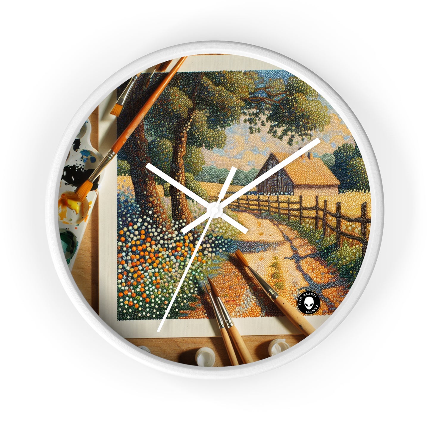 "Autumn Bliss: Pointillism Forest" - The Alien Wall Clock Pointillism