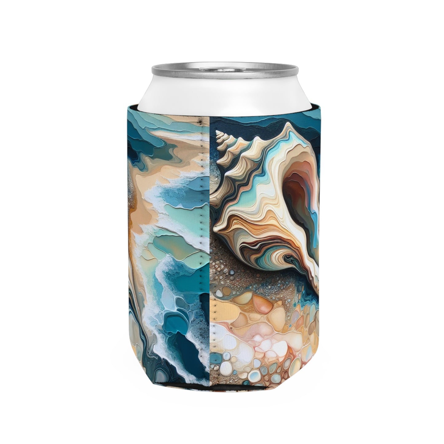 « Une vue sur la plage à travers un coquillage » - The Alien Can Cooler Sleeve Acrylique Pouring