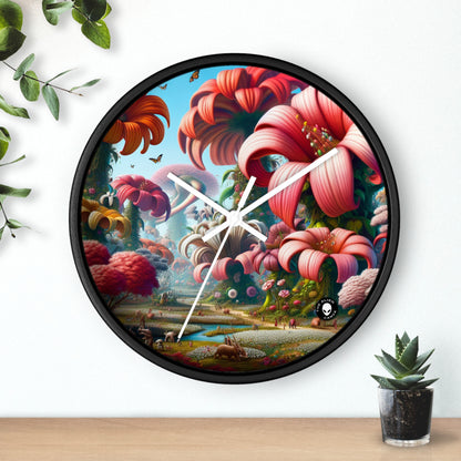 "Jardín de fantasía: grandes flores y pequeñas criaturas" - El reloj de pared alienígena