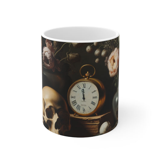 "Dégradation numérique : une vanité contemporaine examinant le consumérisme au 21e siècle" - La tasse en céramique Alien 11oz Vanitas Painting