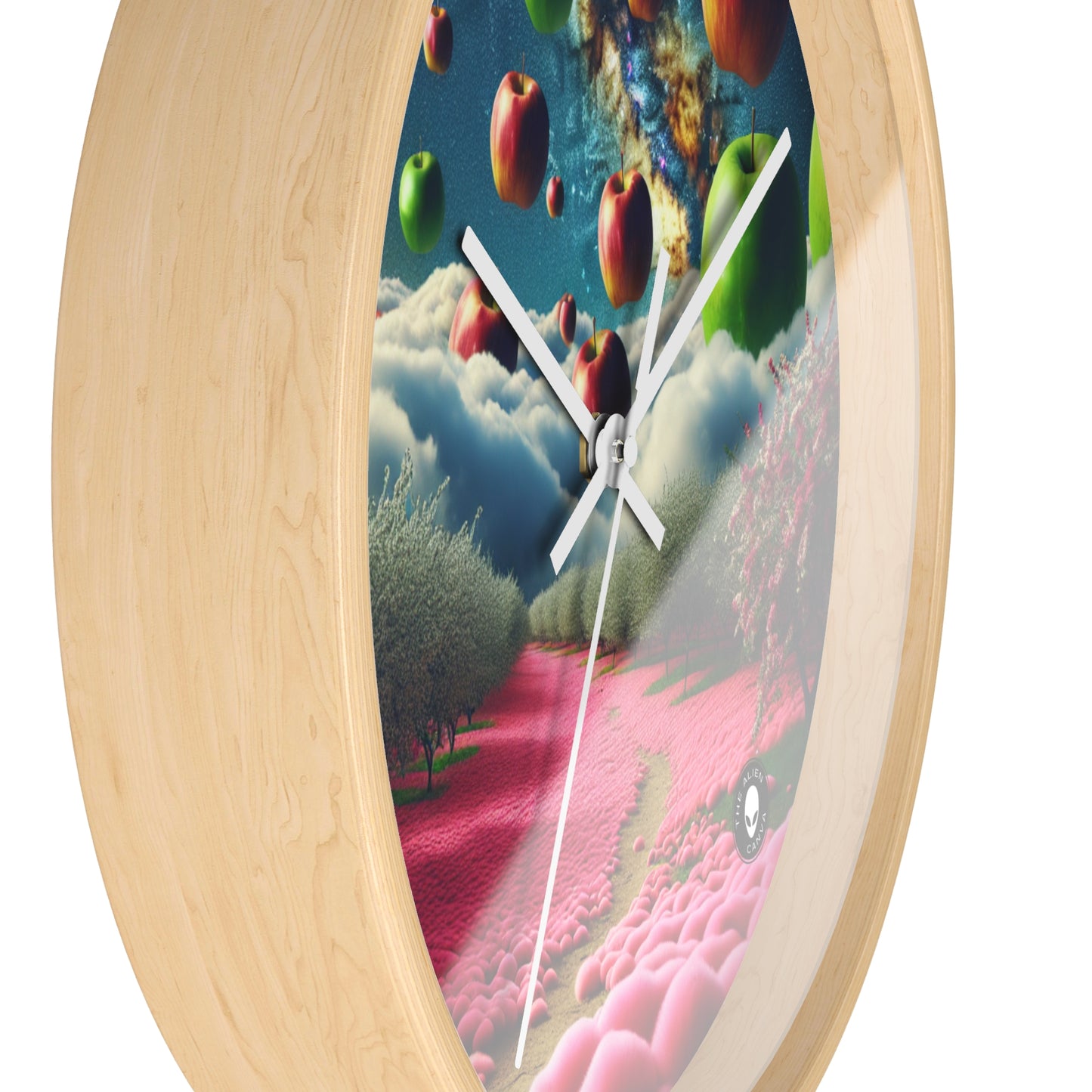 "Apple Sky and Pink Flower Carpet: A Surreal Landscape" - The Alien Wall Clock