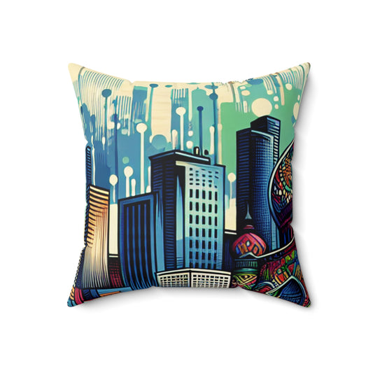 "Bright City: A Pop of Color on the Skyline" - The Alien Spun Polyester Square Pillow Street Art / Graffiti Style