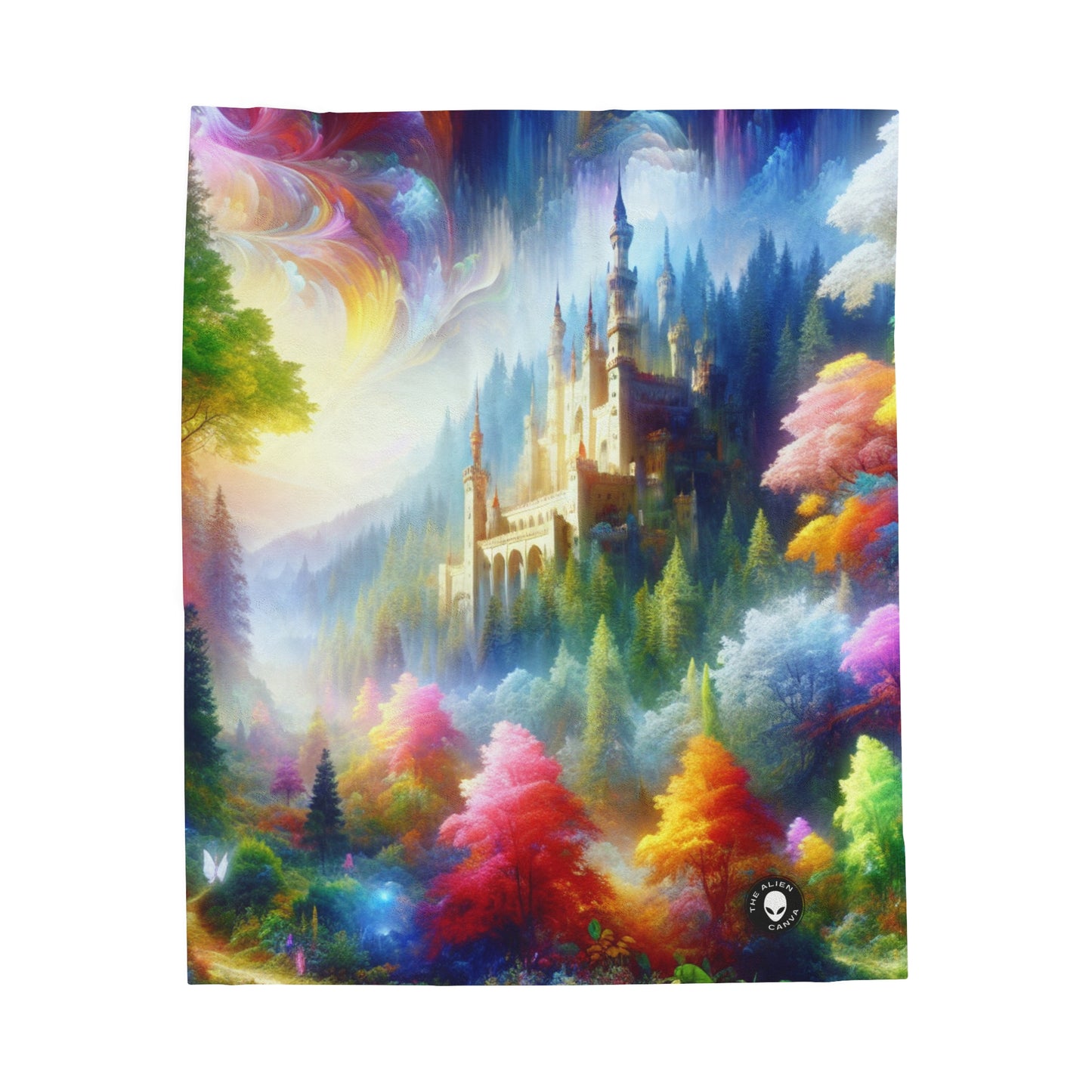 "Glowing Enchantment: The Castle in the Colorful Forest" - The Alien Velveteen Plush Blanket